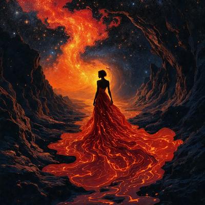 The primary subject of the image is a woman wearing a red dress, walking down a path with a red background. The setting appears to be a rocky landscape, possibly a canyon or a mountainous area. The visual style of the image is a digital art or illustration, with the woman's dress and the red background creating a striking contrast against the rocky environment. The colors and mood of the image are predominantly red, which adds a sense of warmth and intensity to the scene.